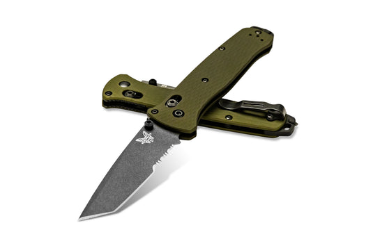 BAILOUT, WOODLAND GREEN ALUMINUM, SERRATED BLADE
