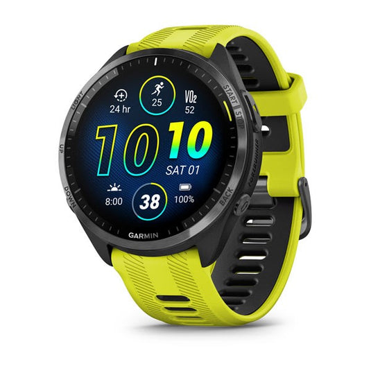 Forerunner 965 Carbon Gray DLC Titanium Bezel with Black Case and Amp Yellow/Black Silicone Band