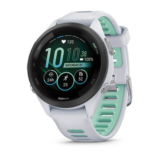 Forerunner 265S Black Bezel with Whitestone Case and Whitestone/Neo Tropic Silicone Band