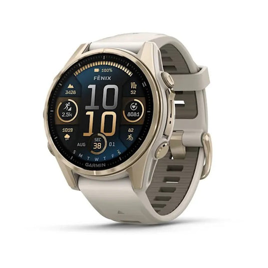fnix 8 – 43 mm, AMOLED Sapphire, Soft Gold with Fog Gray/Dark Sandstone Silicone Band PART NUMBER 010-02903-10