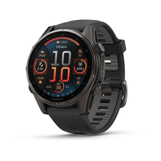 fnix 8 – 43 mm, AMOLED Sapphire, Carbon Gray DLC Titanium with Black/Pebble Gray Silicone Band PART NUMBER 010-02903-20