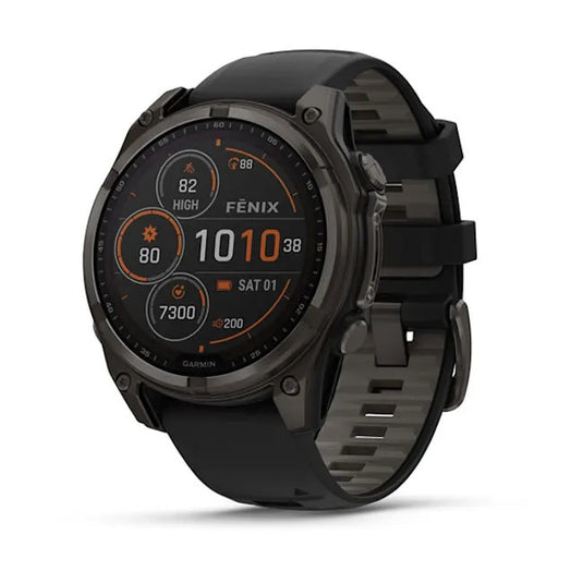 fnix 8 – 47 mm, Solar Sapphire, Carbon Gray DLC Titanium with Black/Pebble Gray Silicone Band PART NUMBER 010-02906-10