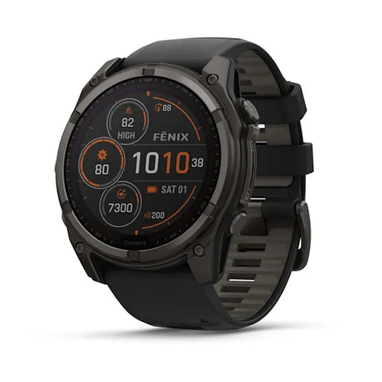 fnix 8 – 51 mm, Solar Sapphire, Carbon Gray DLC Titanium with Black/Pebble Gray Silicone Band PART NUMBER 010-02907-10