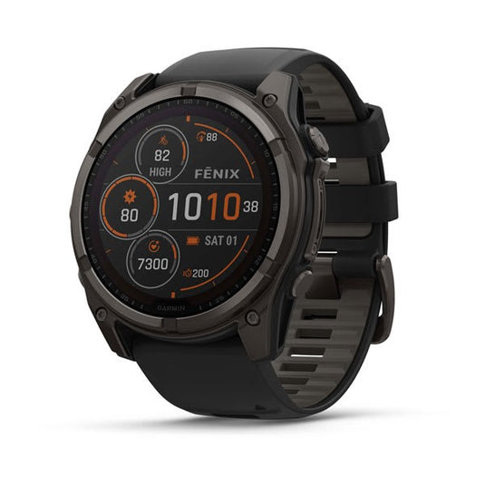Fenix® 8 – 51 mm, Solar, Sapphire, Carbon Gray DLC Titanium with Black/Pebble Gray Silicone Band