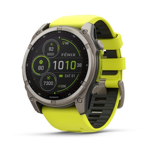 fnix 8 – 51 mm, Solar Sapphire, Titanium with Amp Yellow/Graphite Silicone Band PART NUMBER 010-02907-20