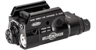 COMPACT PISTOL LIGHT WITH LASER, <5.0 mW, 635 nM, 1.5V, T-SLOT RAIL MOUNT, FITS PICATINNY AND UNIVERSAL RAILS, 300 LUMENS, ONE AAA BATTERY, TYPE III ANODIZED, ALUMINUM, BLACK