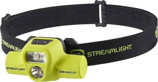 USB HAZ-LO Headlamp - 120V AC - Includes charge cradle, rubber hard hat strap, elastic head strap, 3M® Dual Lock® - Box - Yellow