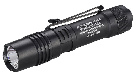 ProTac 1L-1AA - with 1 CR123A lithium and AA alkaline battery and holster - Clam - Black