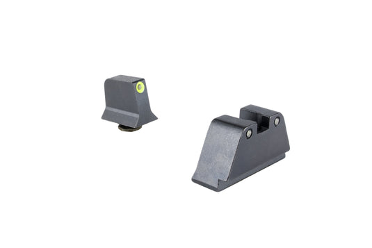 Trijicon® Suppressor/Optic Height Sight Set with Yellow Front/Black Rear & Green Lamps — for GLOCK® Models 17, 17L, 19, 22, 23, 24, 25, 26, 27, 28, 31, 32, 33, 34, 35, 37, 38, 39 and 45