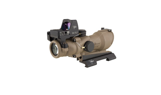 Trijicon ACOG® 4x32 ECOS, Center Illuminated Amber Crosshair 5.56 Reticle w/ Backup Iron Sights, Quick Release Mount & 3.25 MOA Red RMR® Automatic LED Type 2 - Cerakote Flat Dark Earth