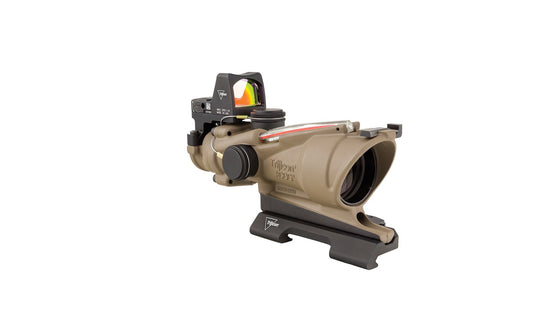 Trijicon ACOG® 4x32 ECOS, Dual Illuminated Red Crosshair 5.56 Reticle w/ Backup Iron Sights, Quick Release Mount & 3.25 MOA Red RMR® Automatic LED Type 2 - Cerakote Flat Dark Earth