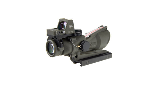 Trijicon ACOG® 4x32 Scope, Dual Illuminated Red Chevron .223 Reticle w/ Colt® Knob Thumbscrew Mt & 3.25 MOA Red RMR® Automatic LED Type 2 ODG - Cerakote OD Green