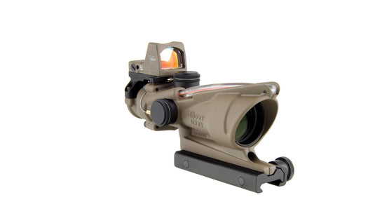 Trijicon ACOG® 4x32 Scope, Dual Illuminated Red Chevron .223 Reticle w/ Colt® Knob Thumbscrew Mount & 3.25 MOA Red RMR® Automatic LED Type 2 FDE - Cerakote Flat Dark Earth
